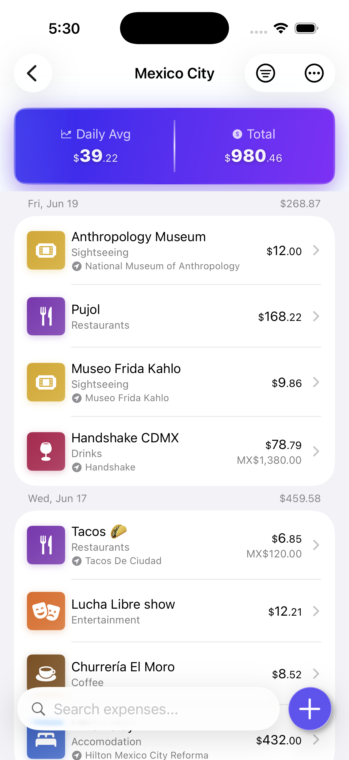 TripCache showing a Mexico City trip: $98.24 daily average, $982.44 total, and expenses grouped by day — coffee, restaurants, sightseeing, drinks, and a hotel stay.